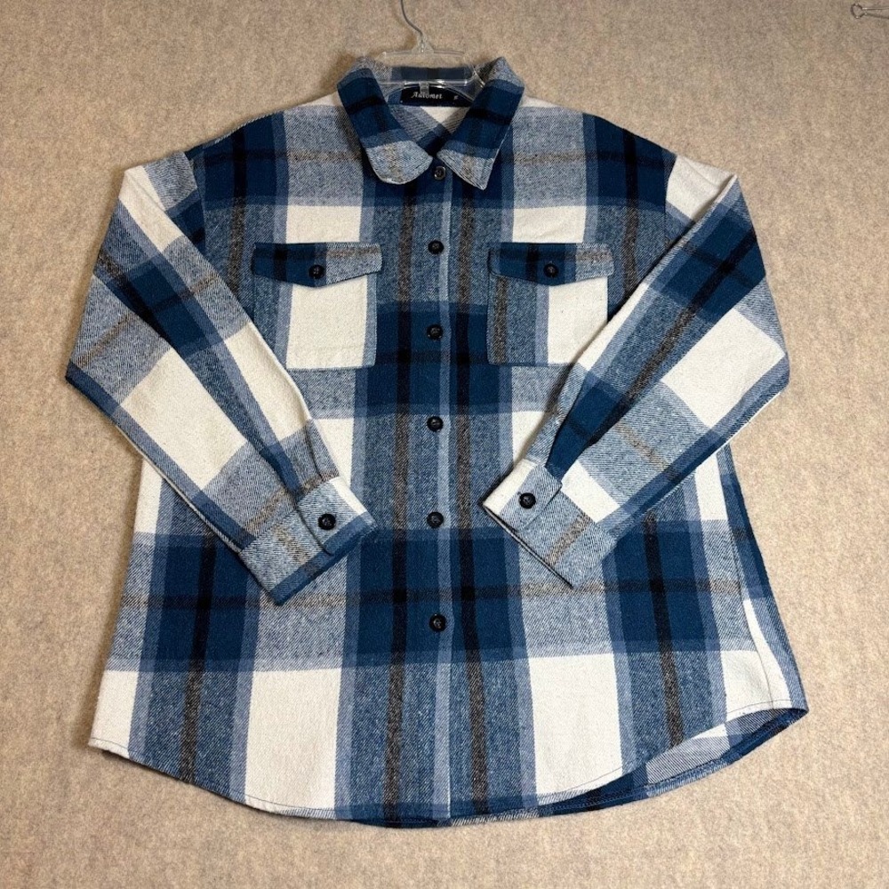Automet Plaid Shacket Wmns M Blue White Polyester Flannel Oversized Boho Jacket